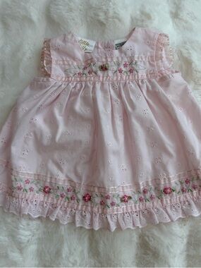 Vintage Little Bitty Pink Embroidered Eyelet Baby Dress - 3-6 mos.